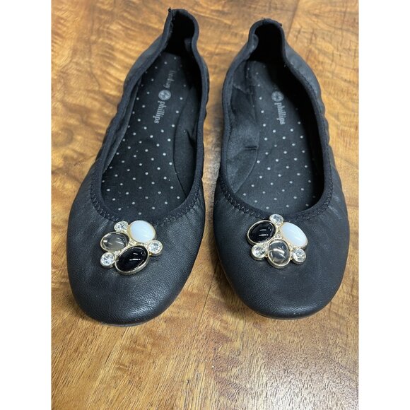 Lot Lindsay Phillips Women’s 9.5 Zip Black Genuine Leather Ballet Flats 2 Snaps - Picture 7 of 11